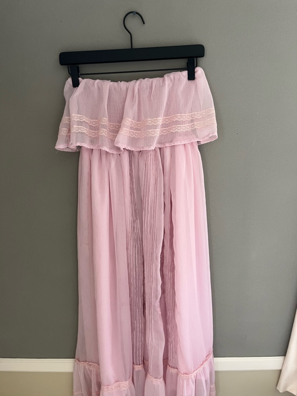 Spool 72 Maxi Dress Blush Pink Chiffon Lace Ruffles Lined Large Fairy Feminine